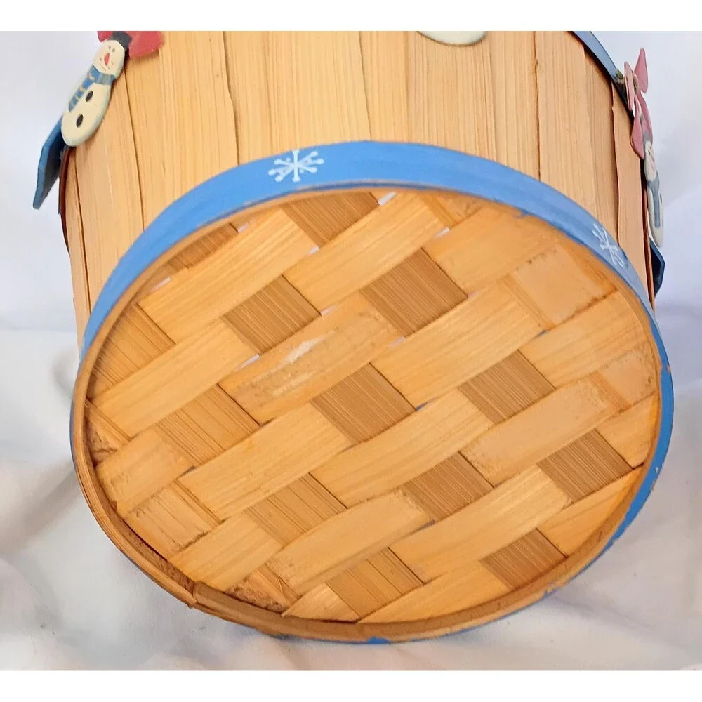 Wooden Basket with Metal Snowmen